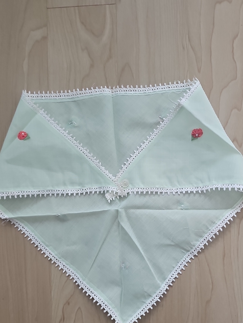Light Mint Green Crochet-Trim Scarf with Pink Flower Accents
